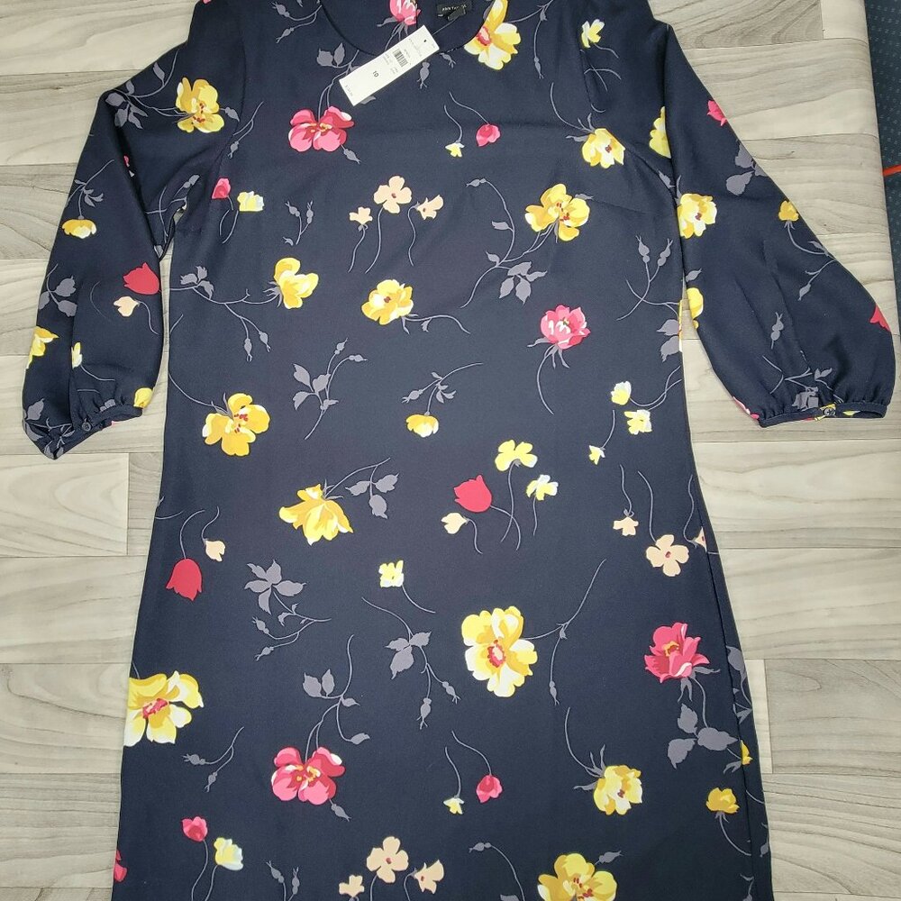 ANN TAYLOR Floral Shift Dress Size 10 Navy Blue 3/4 Lantern Sleeve NWT